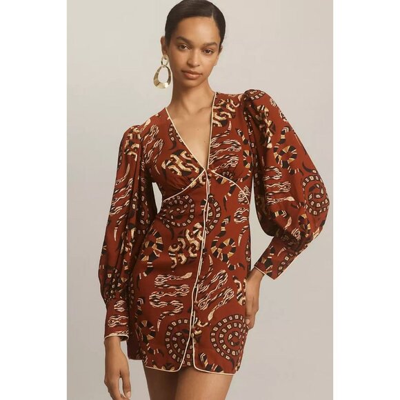 NWT FARM Rio Anthropologie Long Sleeves V-neck Snake Print Mini Dress Size XS